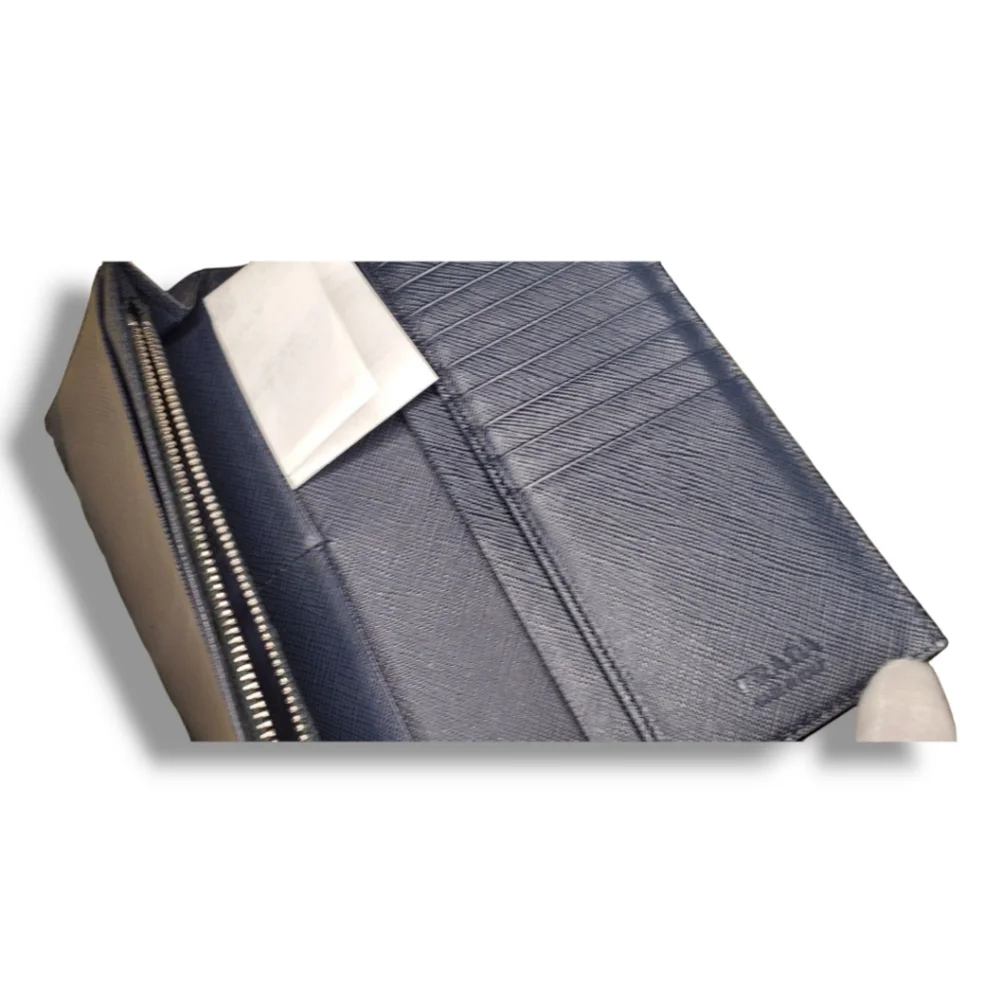 Prada Bicolor Black & Blue Saffiano Leather Long Wallet Sleek Minimalist Design